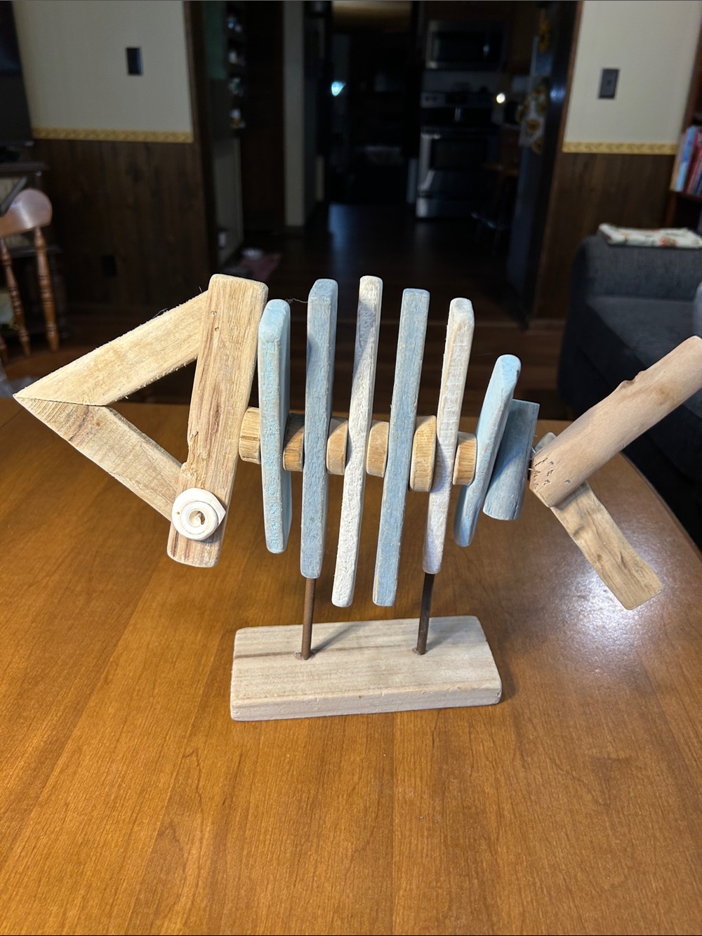 Coastal Wooden Fish Sculpture in Natural Wood and Light Blue